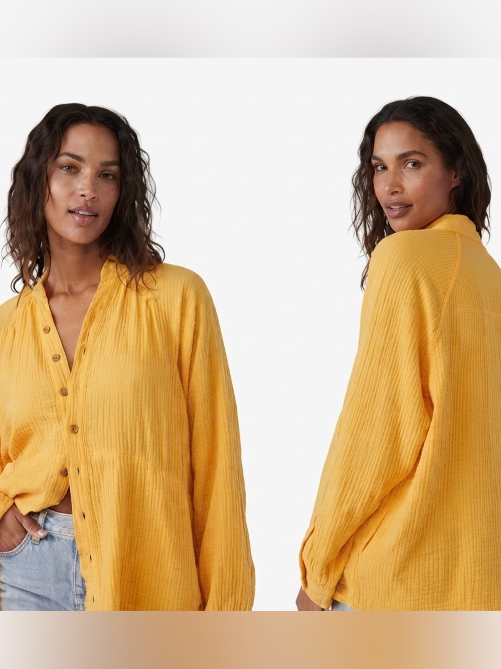 We The Free People Summer Daydream Button Down Shirt Size Medium Yellow Papaya - Picture 2 of 16